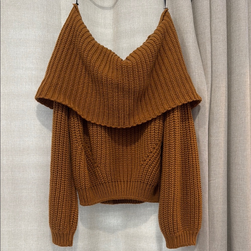 Lulu's Brown Off-the-Shoulder Sweater with Ribbed Texture